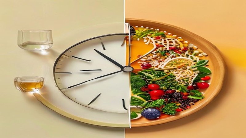 A clock face with food on one side and water on the other representing the 16:8 intermittent fasting eating window concept