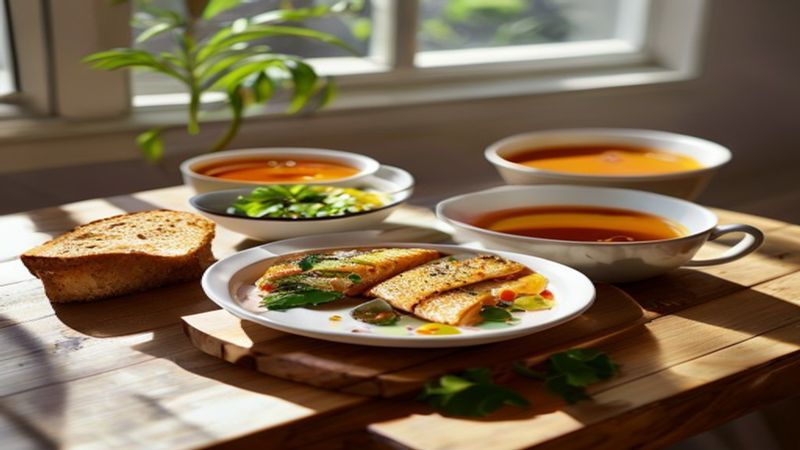 800 calorie diet South Africa — Mediterranean-style plate with grilled fish, vegetables and legumes