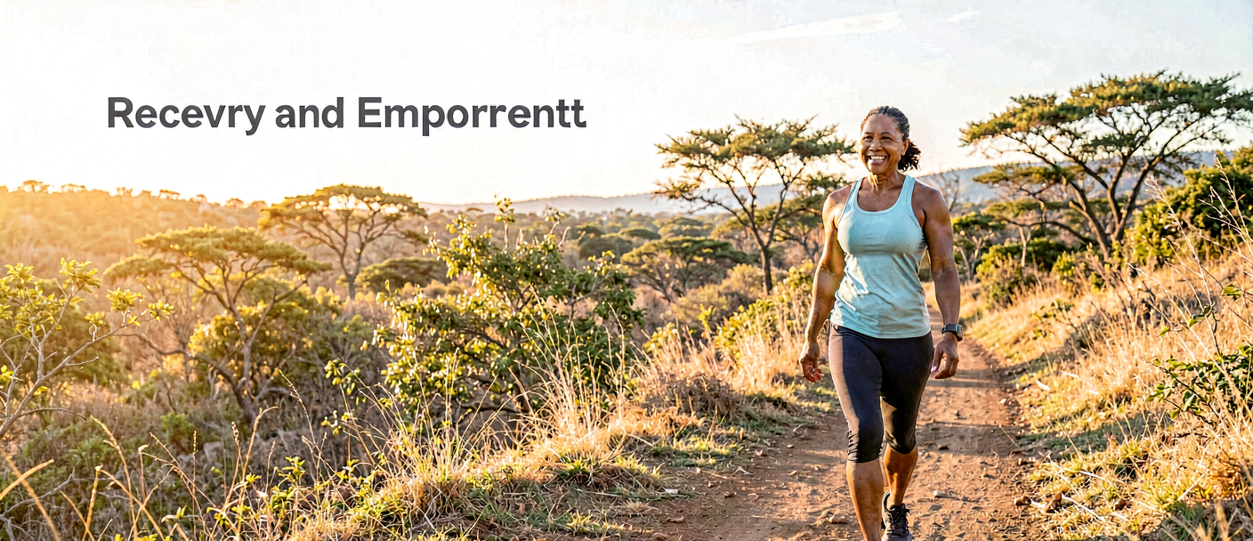 South African woman walking outdoors during hysterectomy recovery