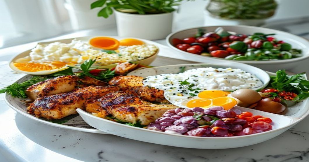 high protein South African meal with grilled chicken, eggs, tuna, legumes and cottage cheese on a kitchen counter
