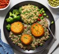 Assorted high-fibre foods including whole grains, fruits, vegetables, and legumes