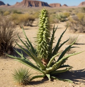 Hoodia gordonii plant with spiny stems and flowers