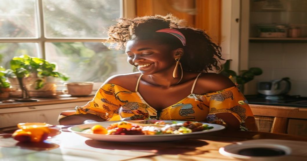 South African woman enjoying a balanced meal mindfully at a sunlit kitchen table
