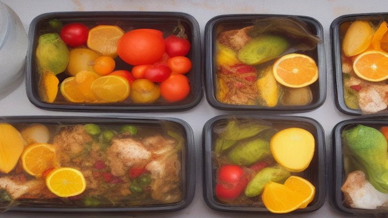 Load-shedding meal prep South Africa — glass containers of pre-cooked meals stacked in a freezer beside a gas stove and headlamp