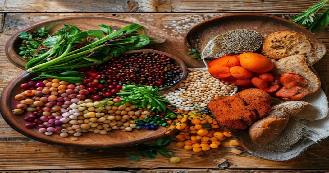 colourful low GI foods including legumes, vegetables and whole grains on a South African kitchen table