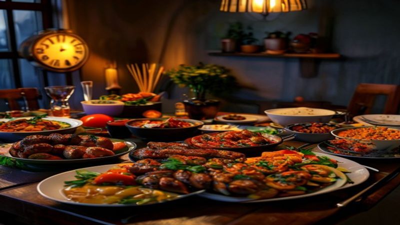 A table set for a South African evening meal with grilled chicken, vegetables and pap representing the Warrior Diet 4-hour eating window