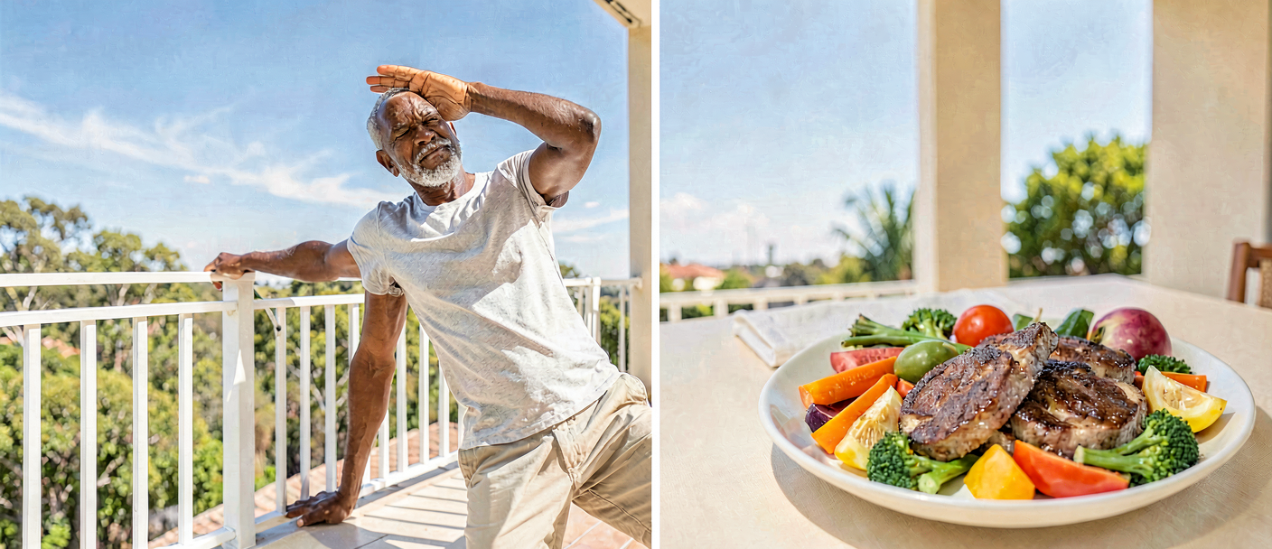 South African man with COPD doing gentle seated breathing exercises for weight management