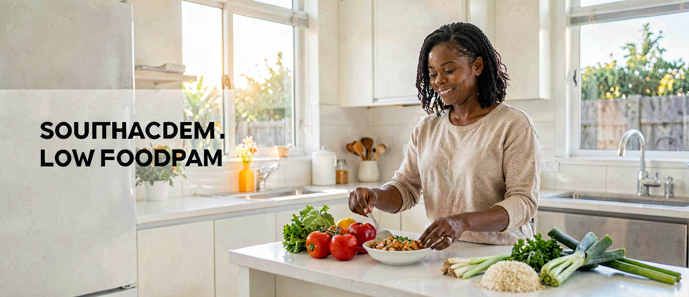 South African woman managing IBS symptoms while eating a healthy low-FODMAP meal