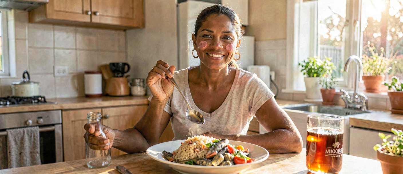 South African woman with lupus enjoying a healthy anti-inflammatory meal for weight management