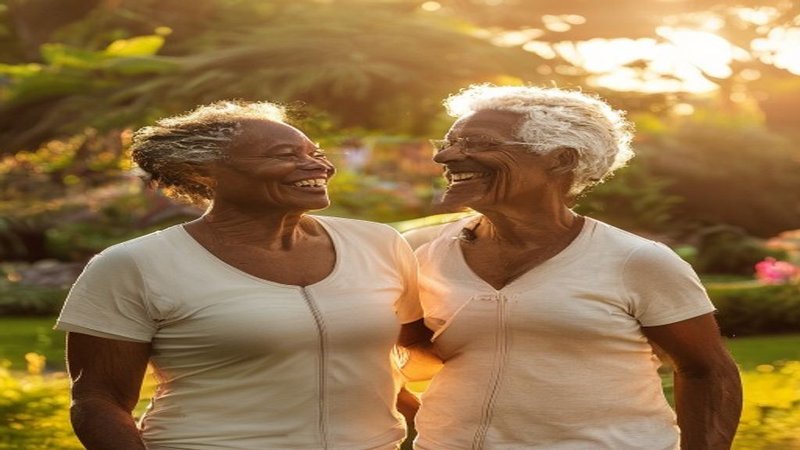 An older South African couple walking together in a sunny garden representing healthy active aging and weight management over 70