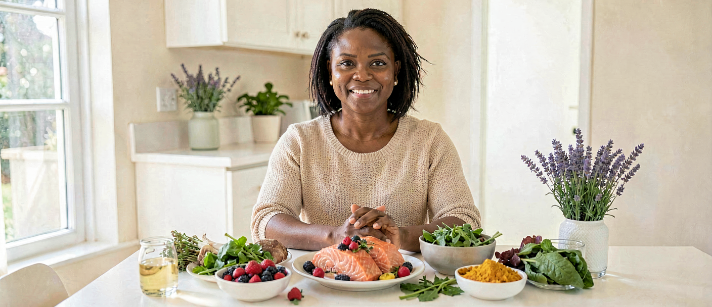 South African person with psoriasis preparing anti-inflammatory foods for skin health and weight management