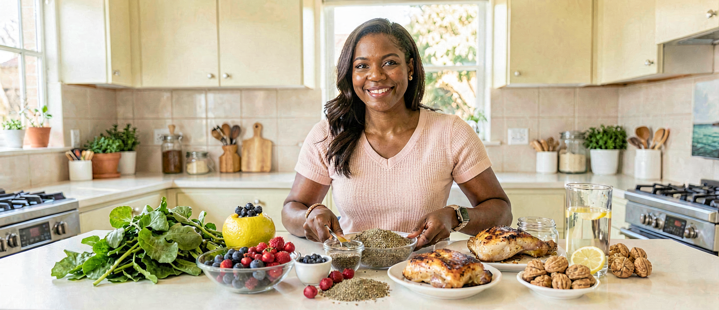 South African woman with uterine fibroids eating anti-inflammatory foods for weight management